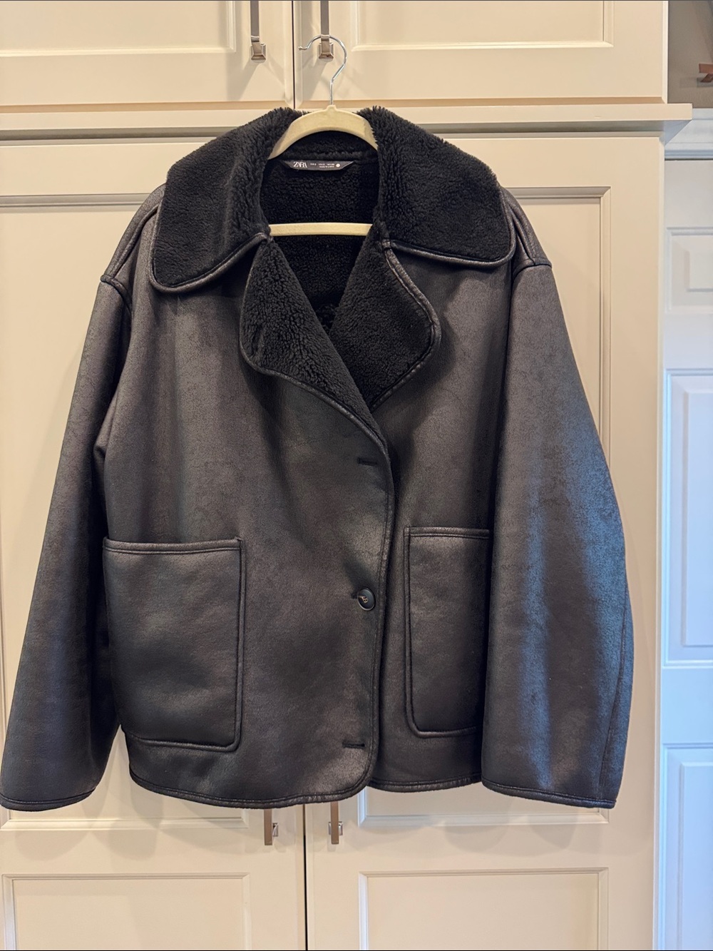 Zara Black Faux Shearling Aviator Jacket with Wide Collar